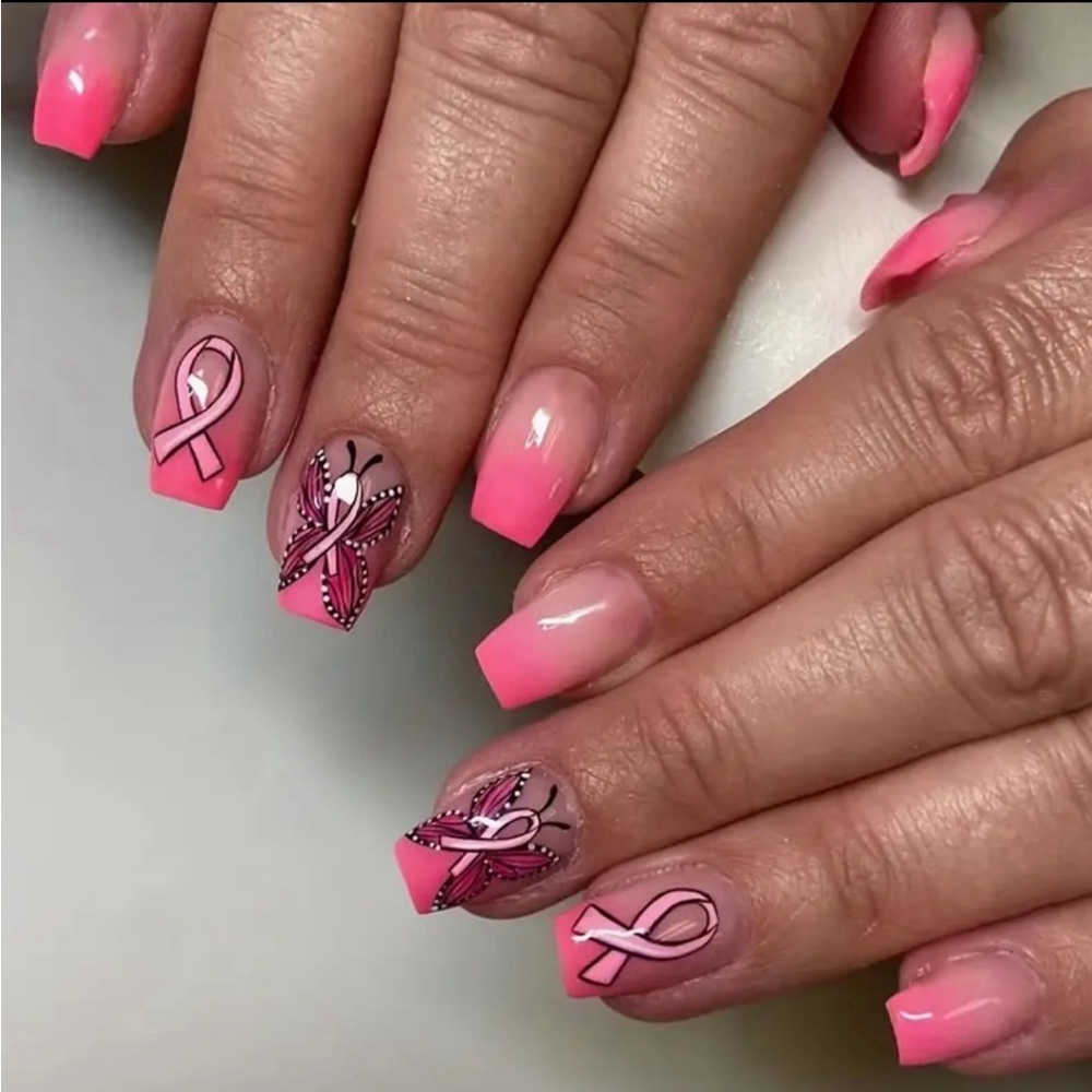 24pcs Glossy Medium Ballet Pess on Nails, Gradient Rose W/ Butterfly & Ribbon